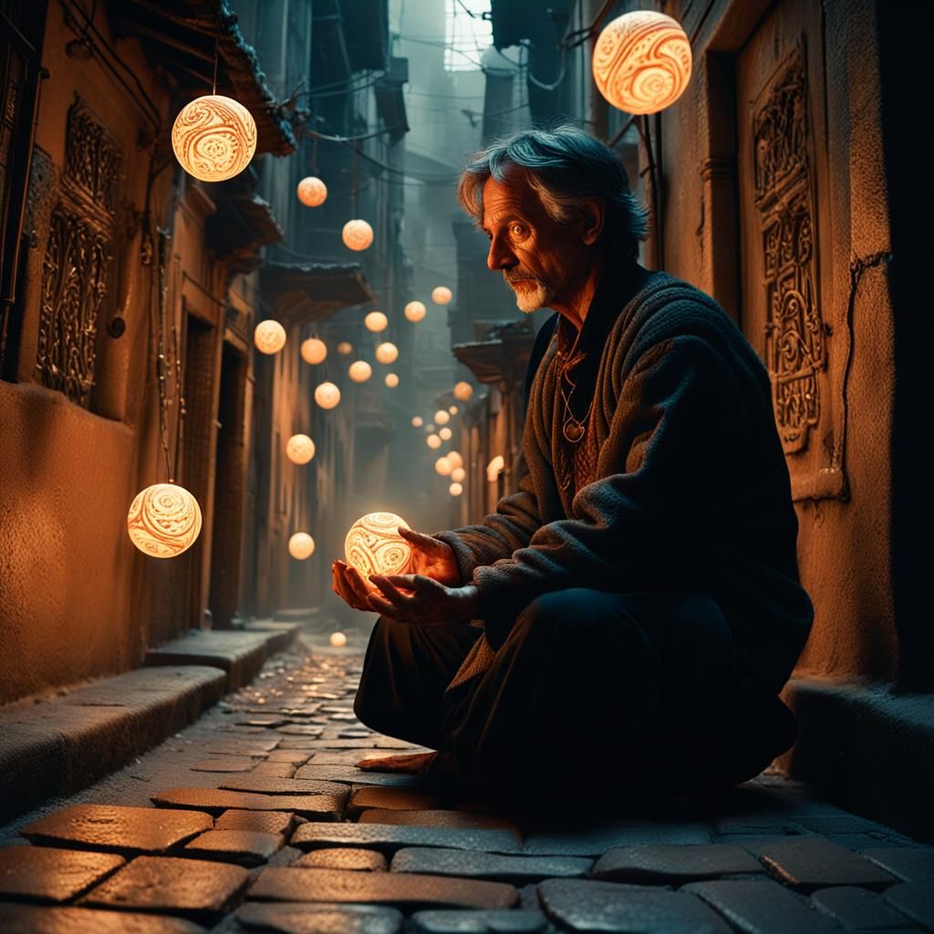 Mystical Juggler in Dim Alleyway: Cinematic Still