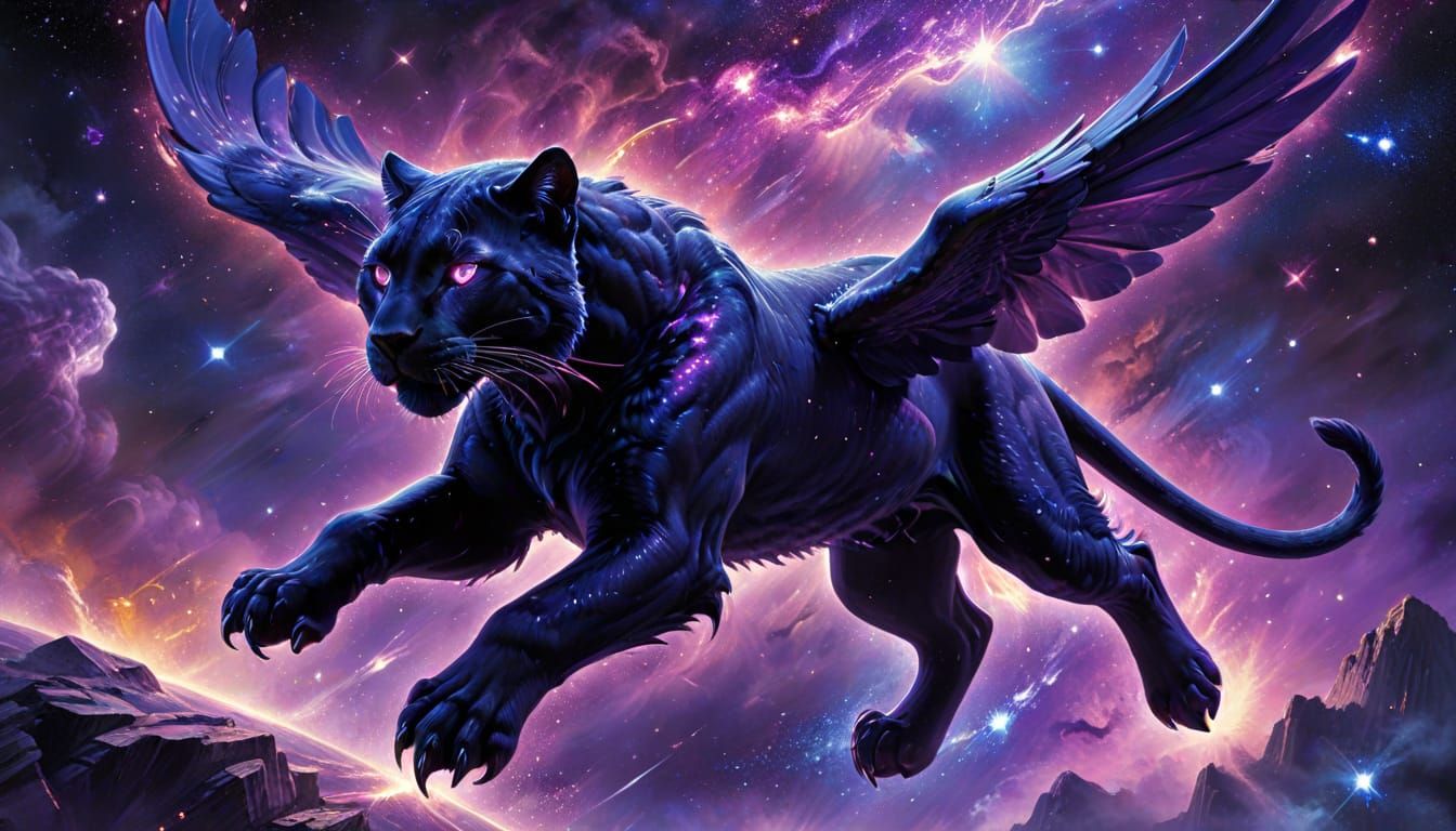 Winged Obsidian Panther Soaring Through Astral Space