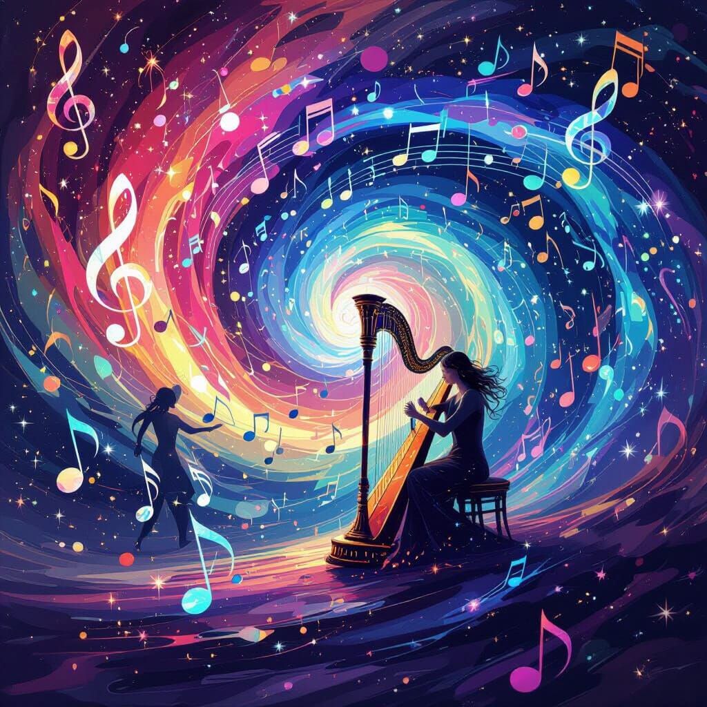 Surreal Dreamscape: Music Notes Dance Around Celestial Harp ...