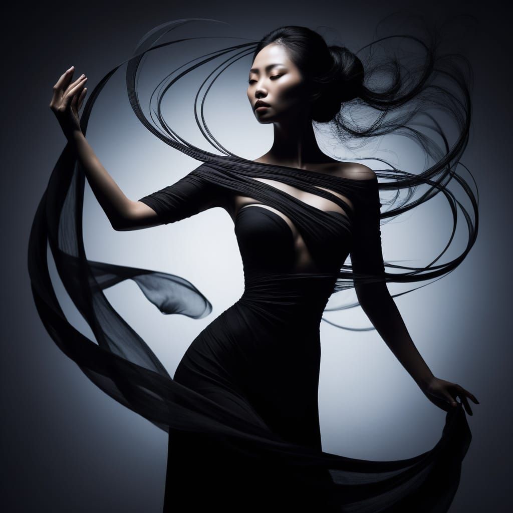 Asian Woman Embraced by Infinite Darkness