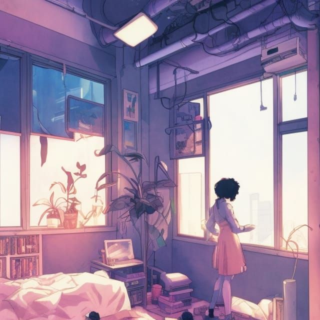 Cyber Lo-Fi Room Illustration in Comic Book Style