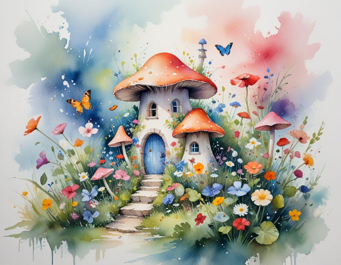 Fairytale Mushroom House in Lush Watercolor Garden