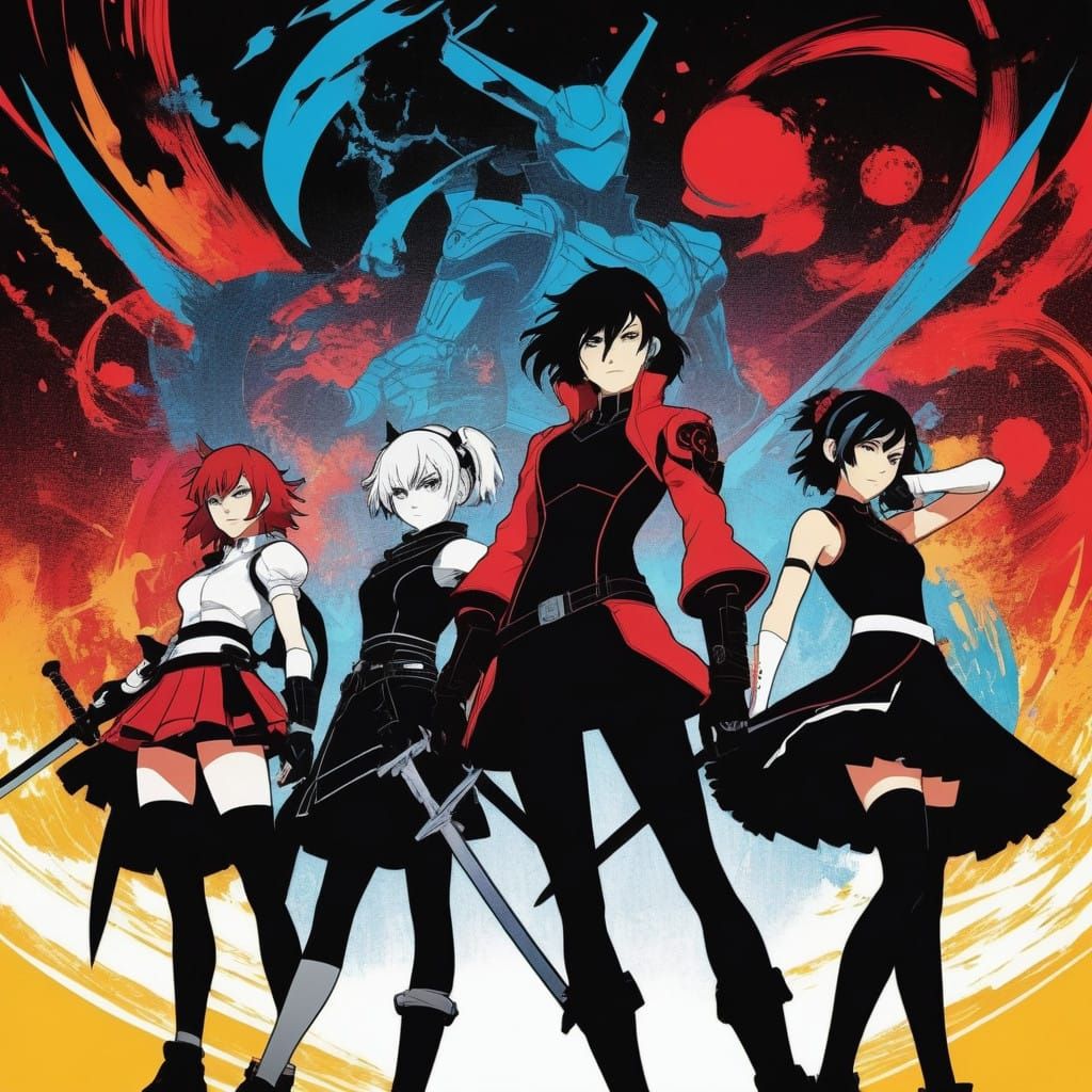 Heroic RWBY Team in Vibrant Anime-Inspired Style