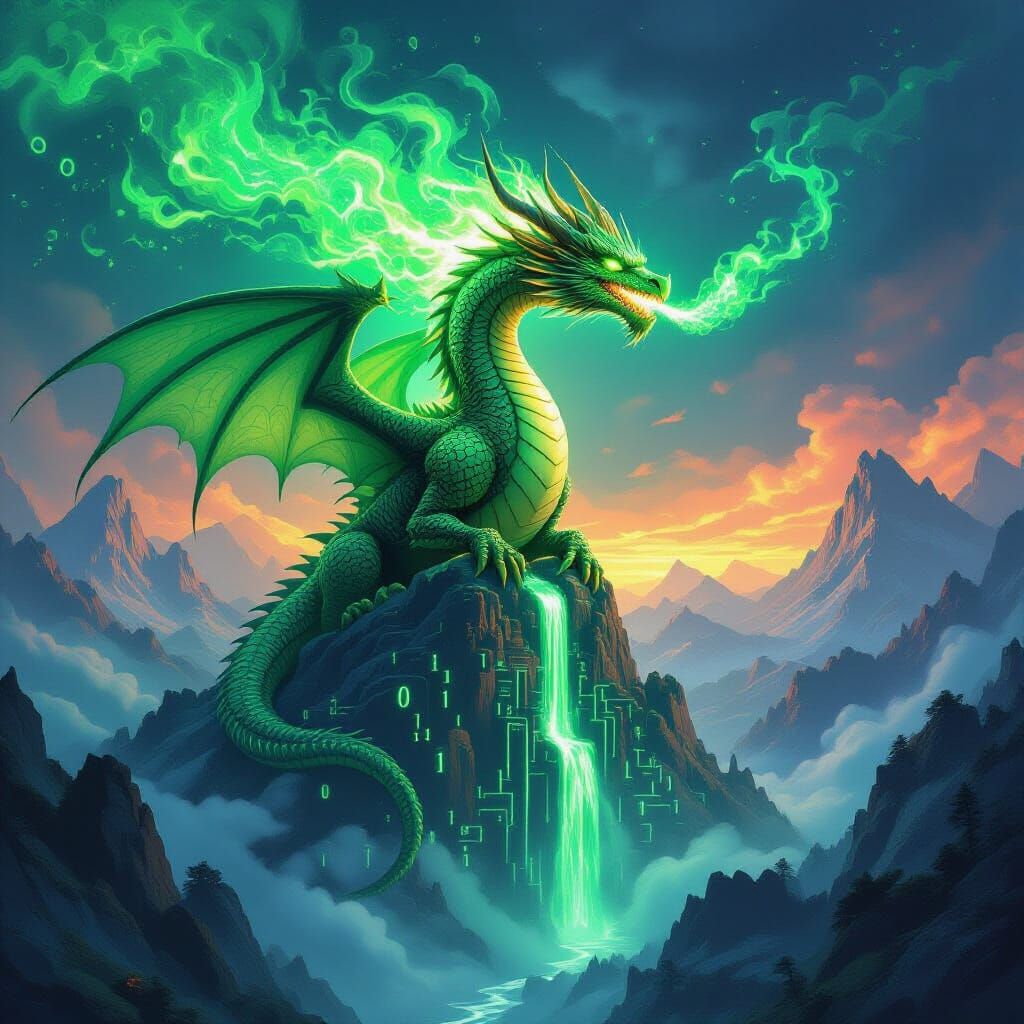 Dragon Breathes Digital Fire on Motherboard Mountain