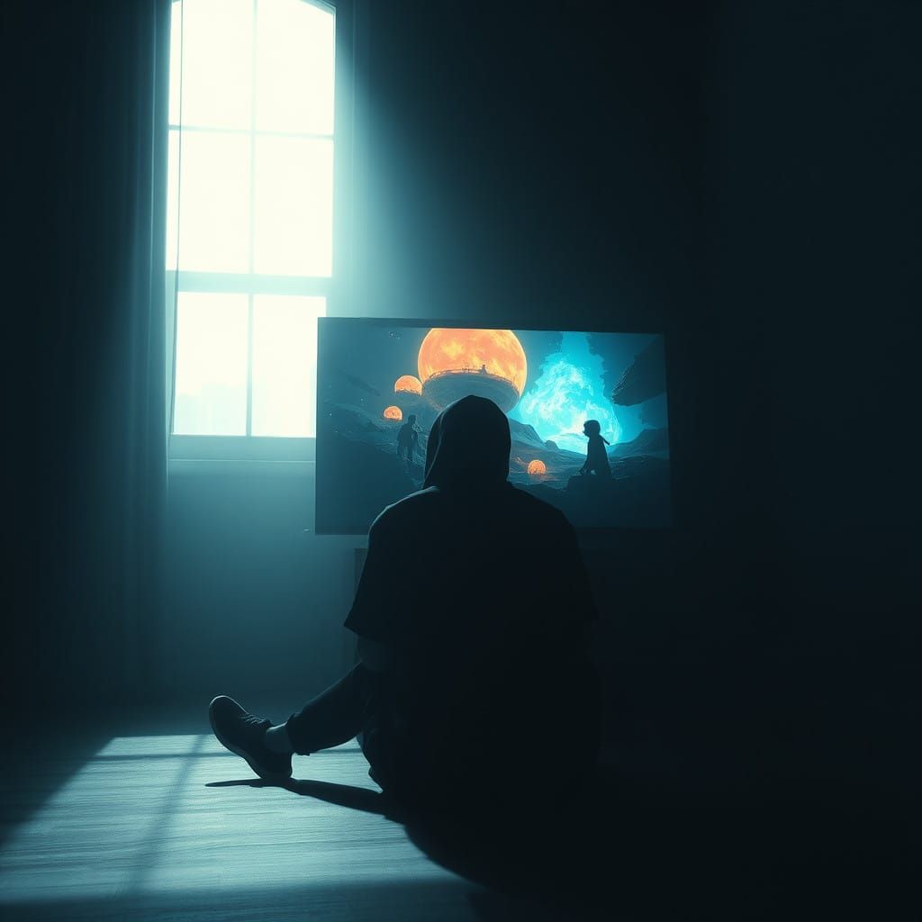 Shadows Watch Futuristic Art on Smart TV in Moody Dimly Lit....