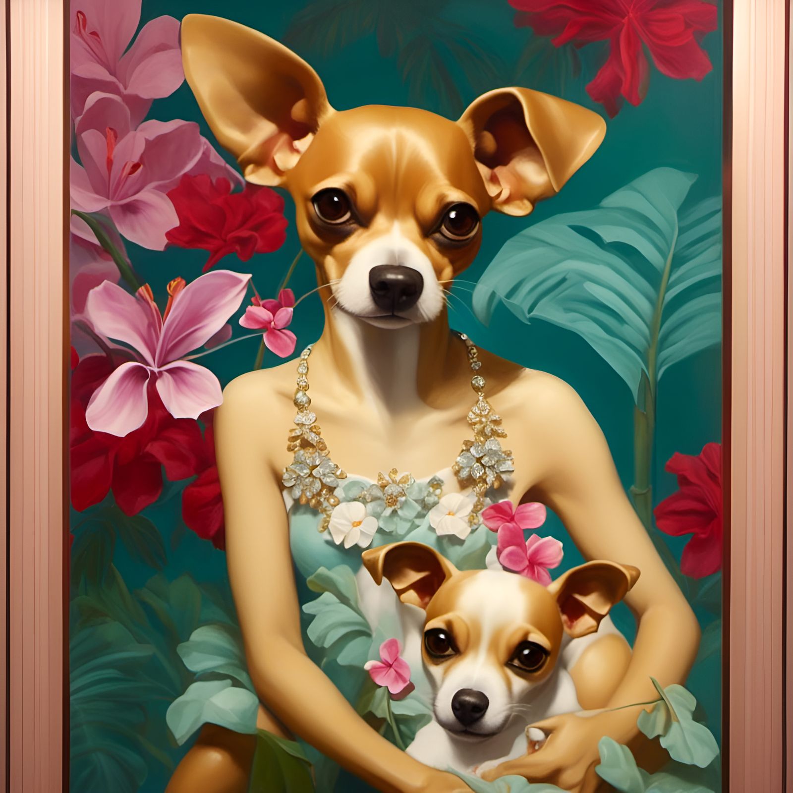 Art Deco Chihuahua Dogs with Diamonds and Flowers