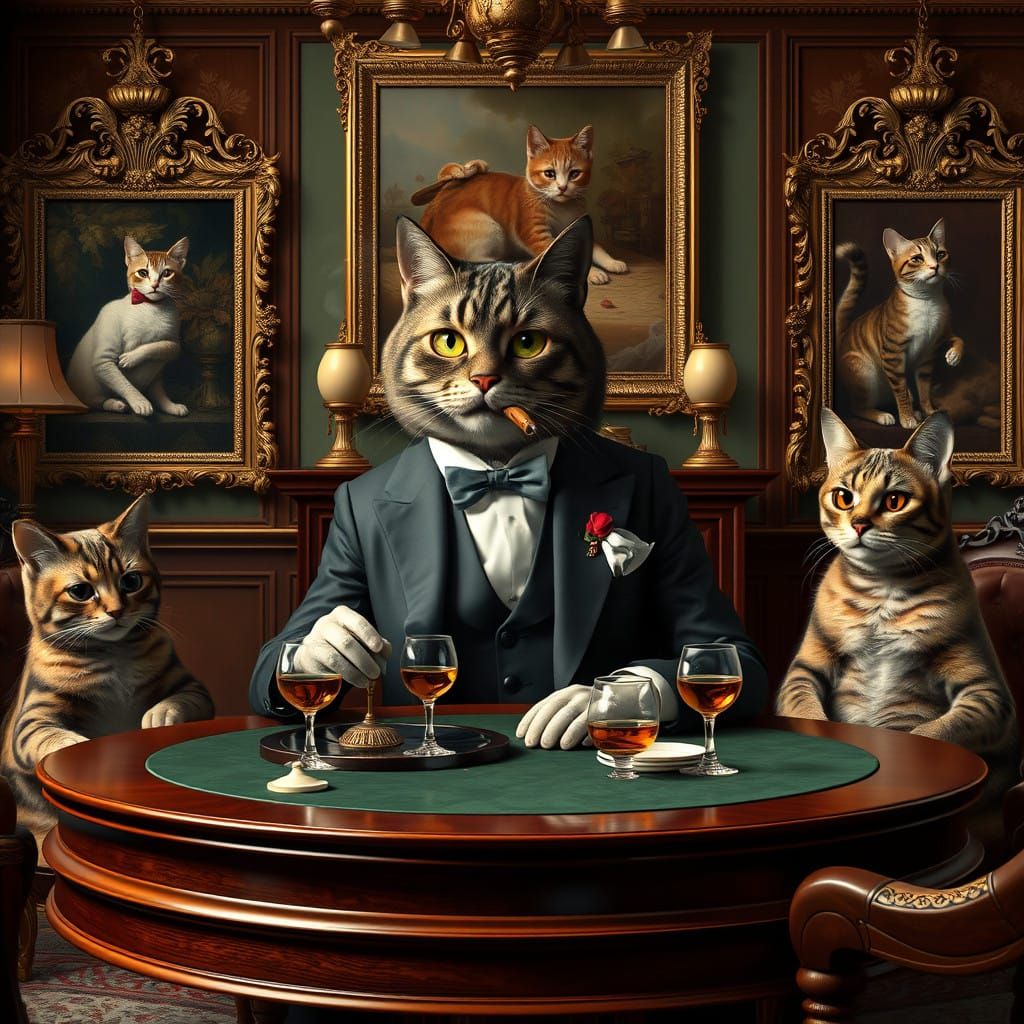Elegant Feline Gentlemen Play Poker Amidst Classic Decor