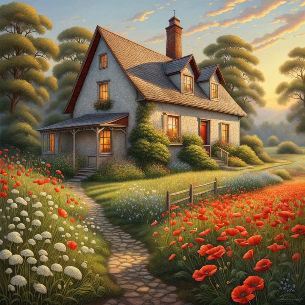 Vibrant Cottage in a Misty Countryside Landscape