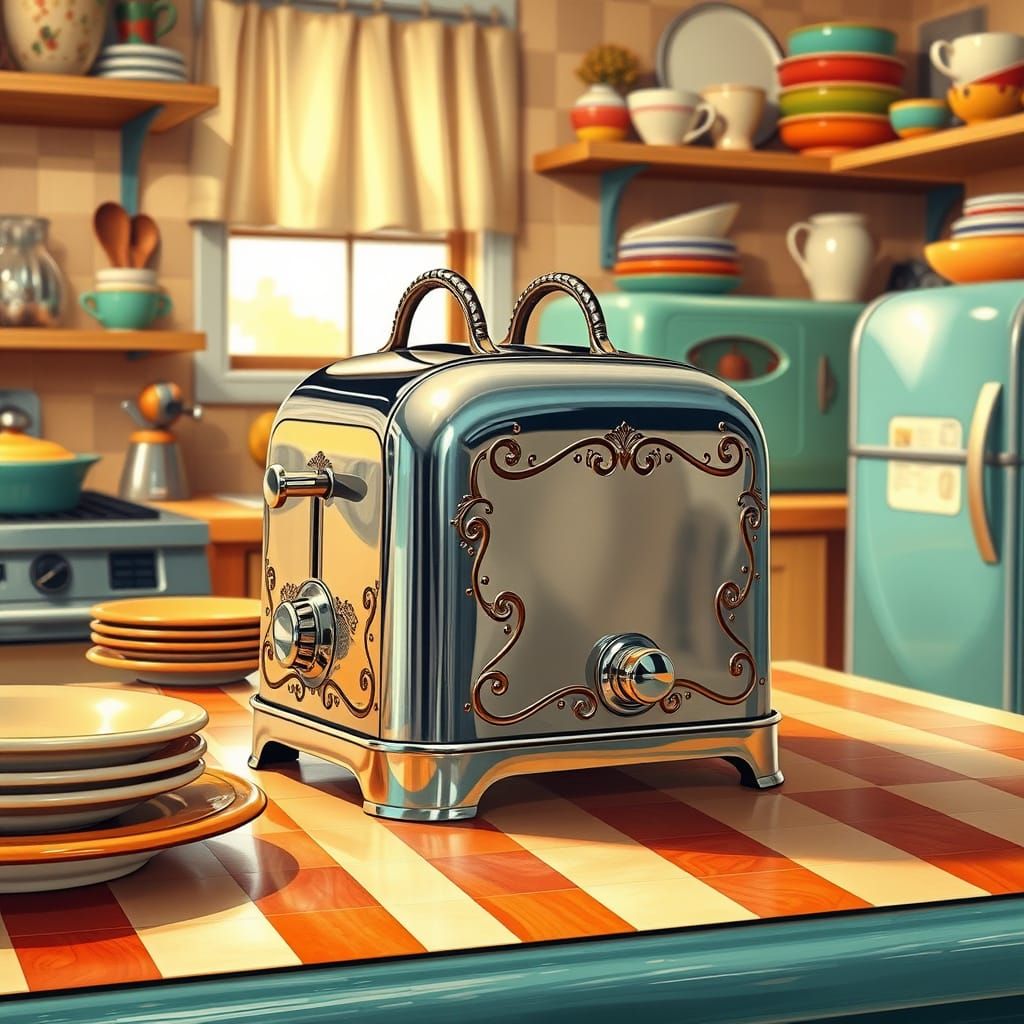 Vintage Chrome Toaster in Painterly Retro Kitchen