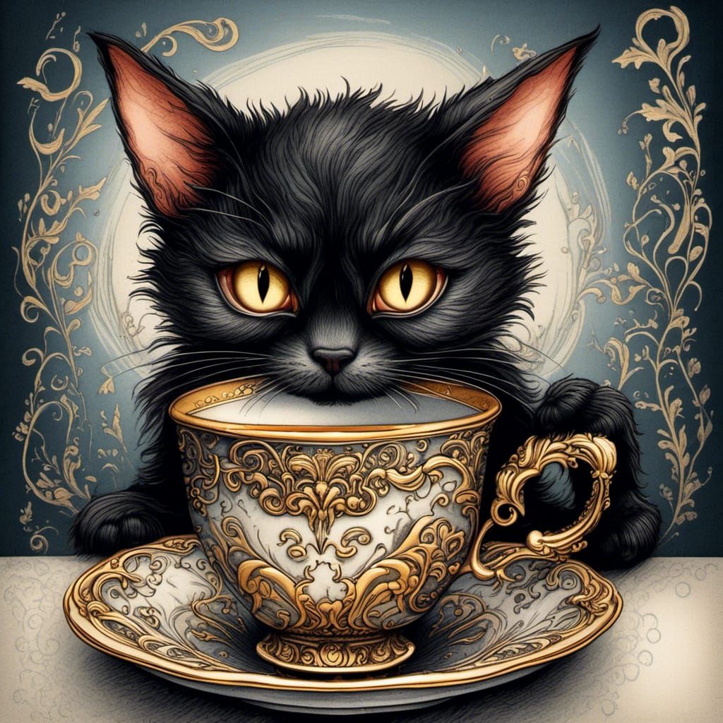 Evil Cat Peeking From Tea Cup in Ink Illustration
