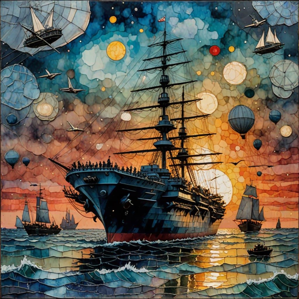 Encaustic Aircraft Carrier With Sails at Dramatic Sunset