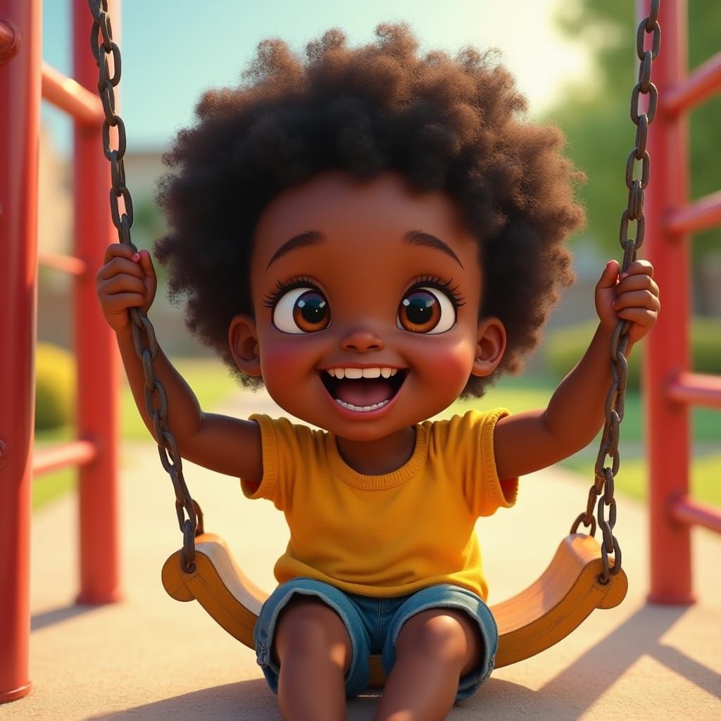 Joyful Black Child on Swing, Pixar-Inspired Portrait