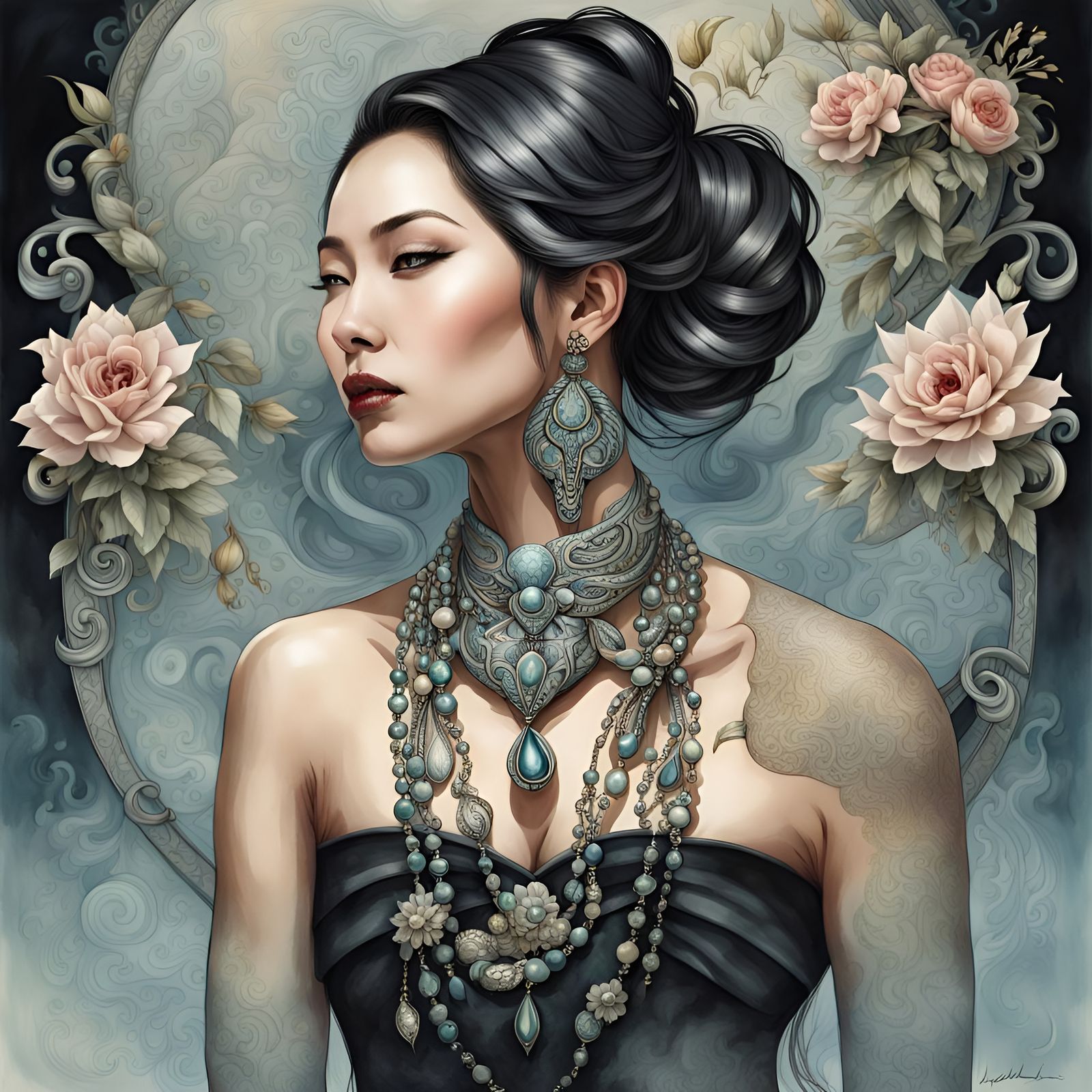 Elegant Woman with Cobra in Watercolor Illustration