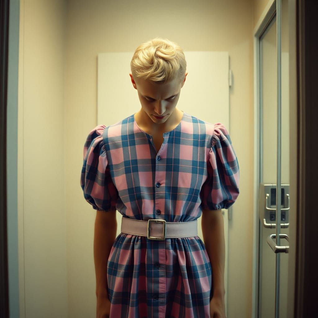 Distressed Man in Babydoll Dress: Cinematic Film Still