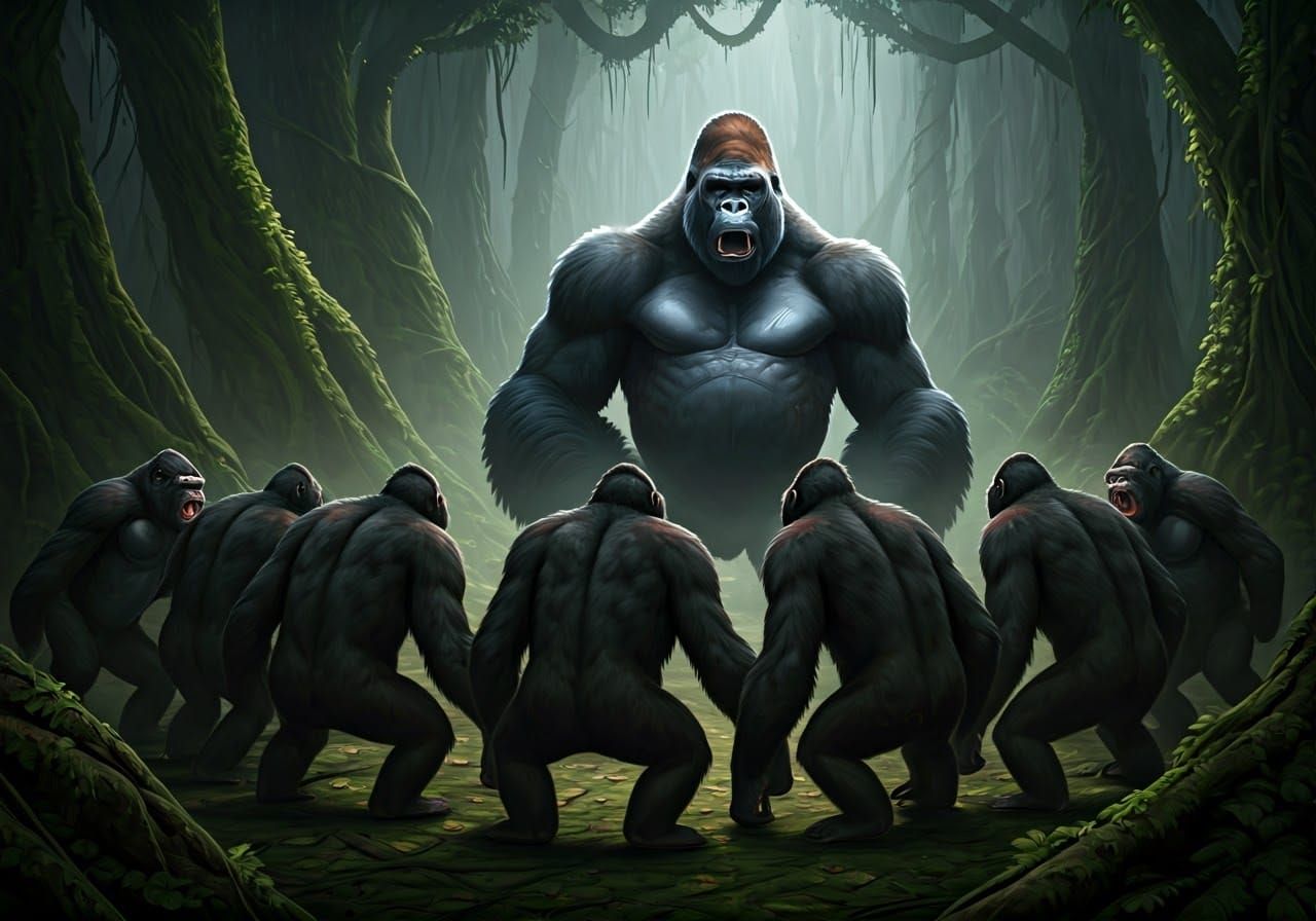 Mighty Monkeys Confront a Dominant Gorilla in a Dark Jungle