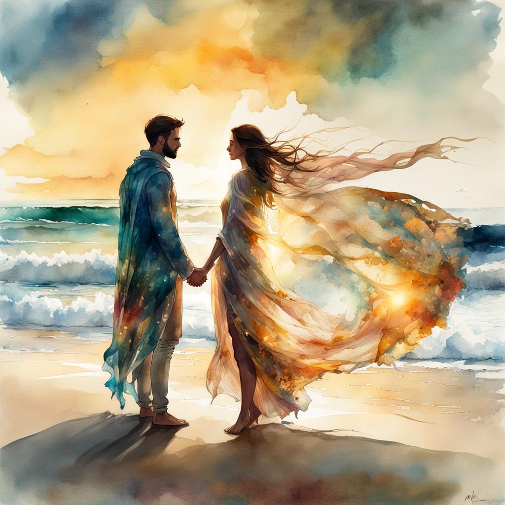 A couple in love standing on the beach