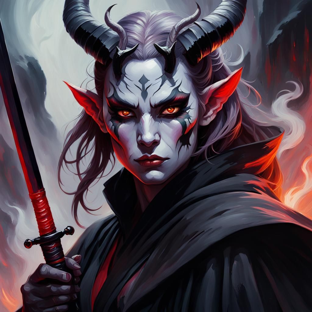 Tiefling with Katana in Dark Fantasy Illustration