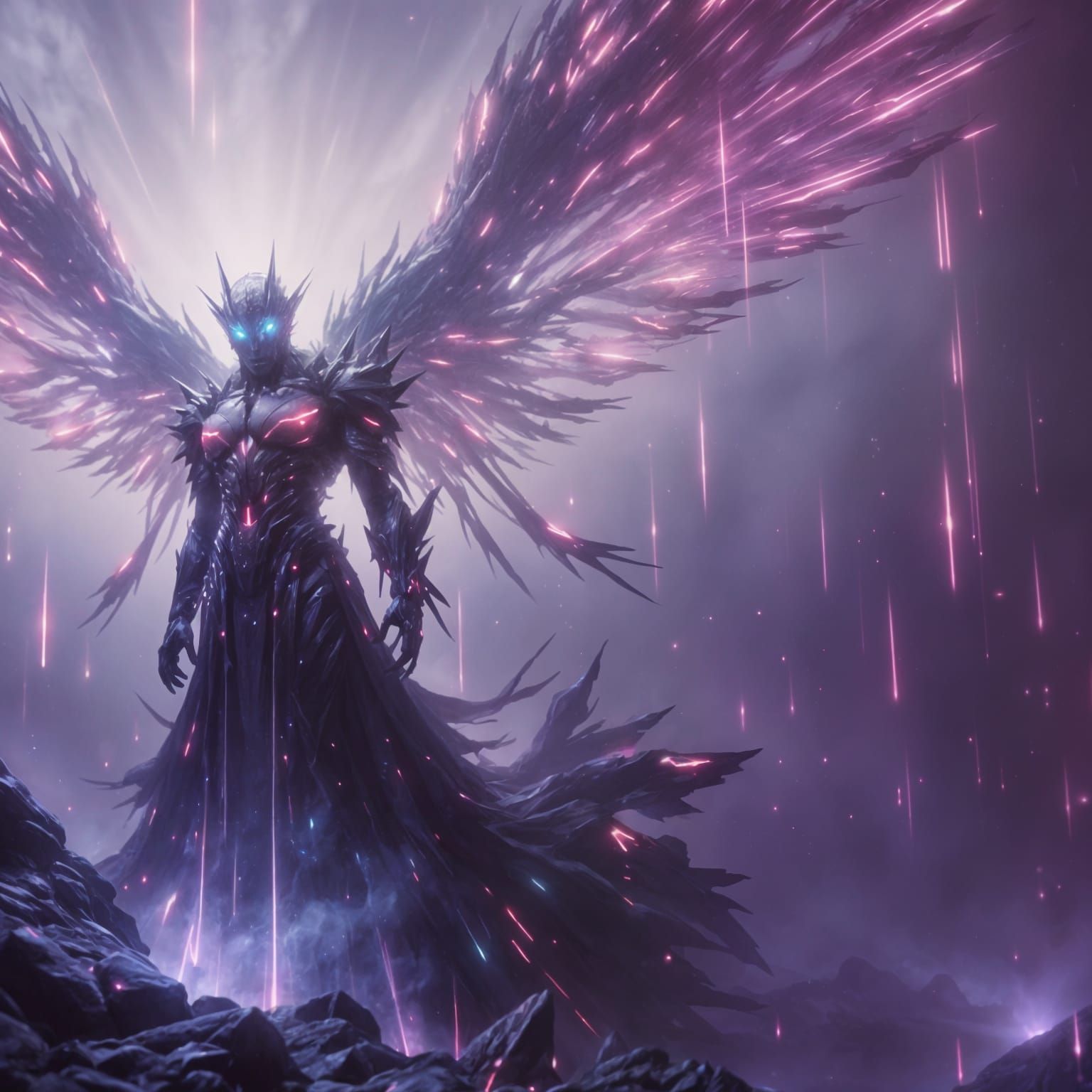 Spectral Cyberpunk Metal Angel Radiates Celestial Energy