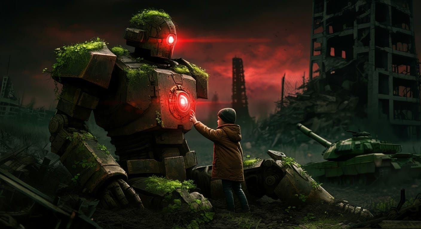 Cyberpunk War Zone, Dystopian Ruins, and a Child's Glimpse o...