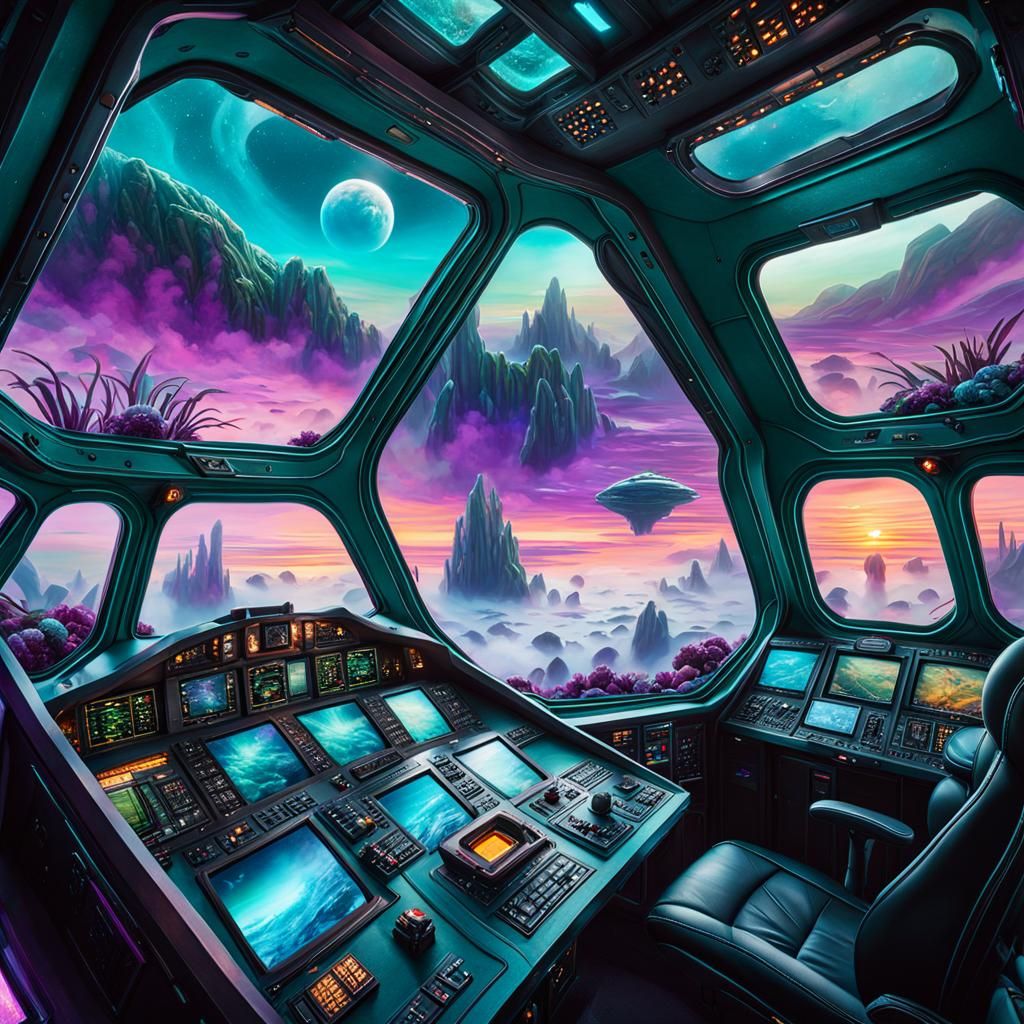 Futuristic Spaceship View of Alien Sunset