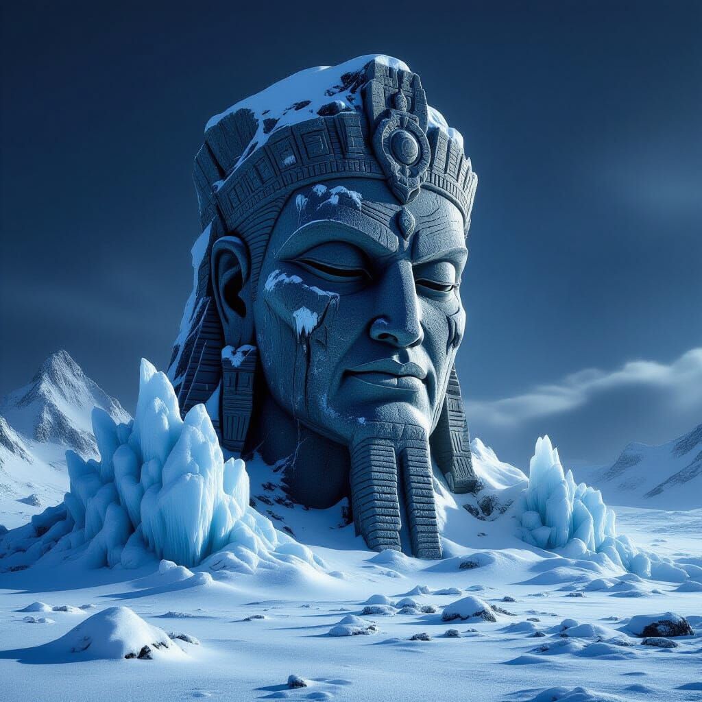 Colossal Evil Deity Statue in Snowy Wasteland