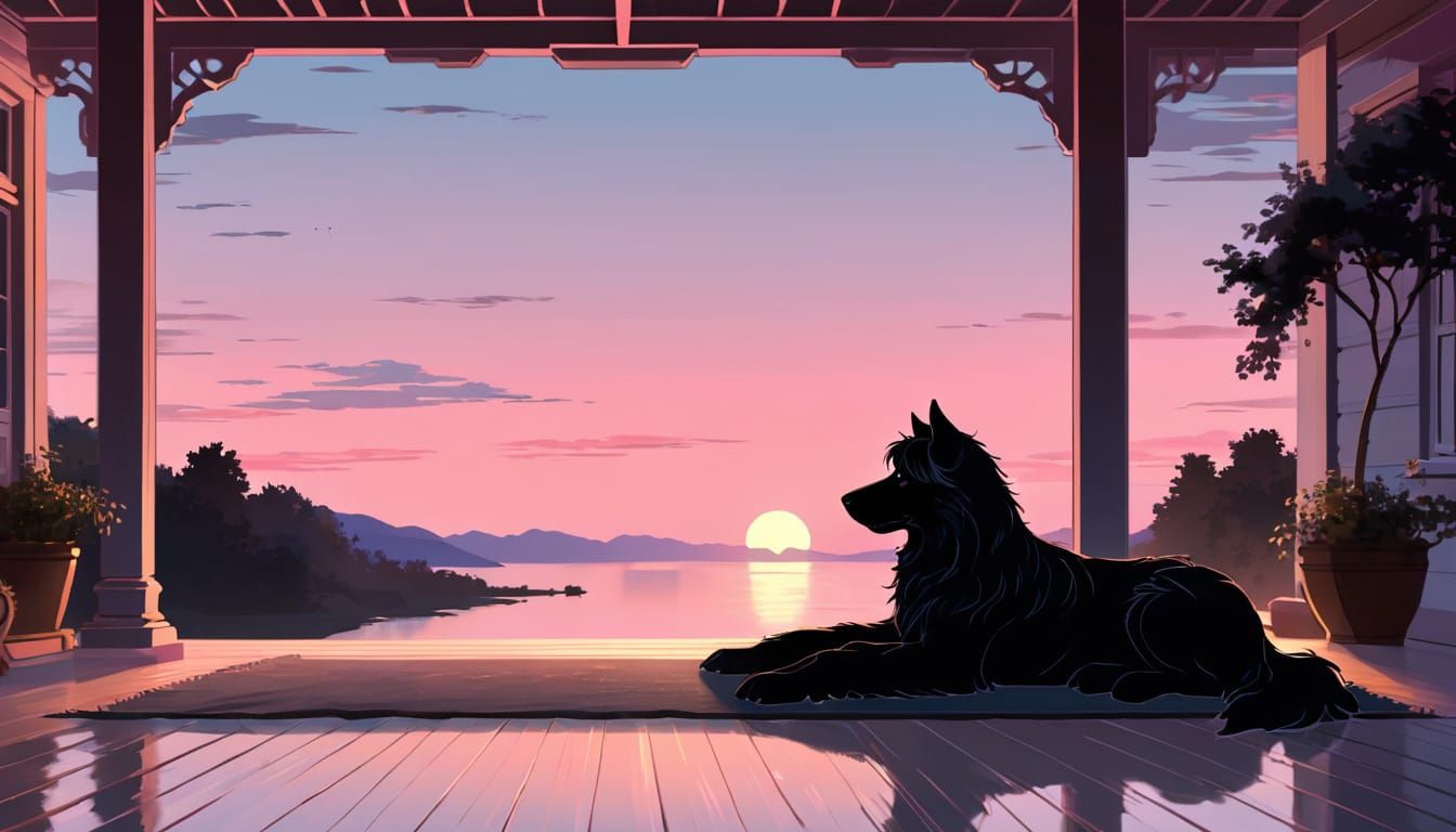 Black Dog Silhouetted by Pink Sunrise, Anime Art