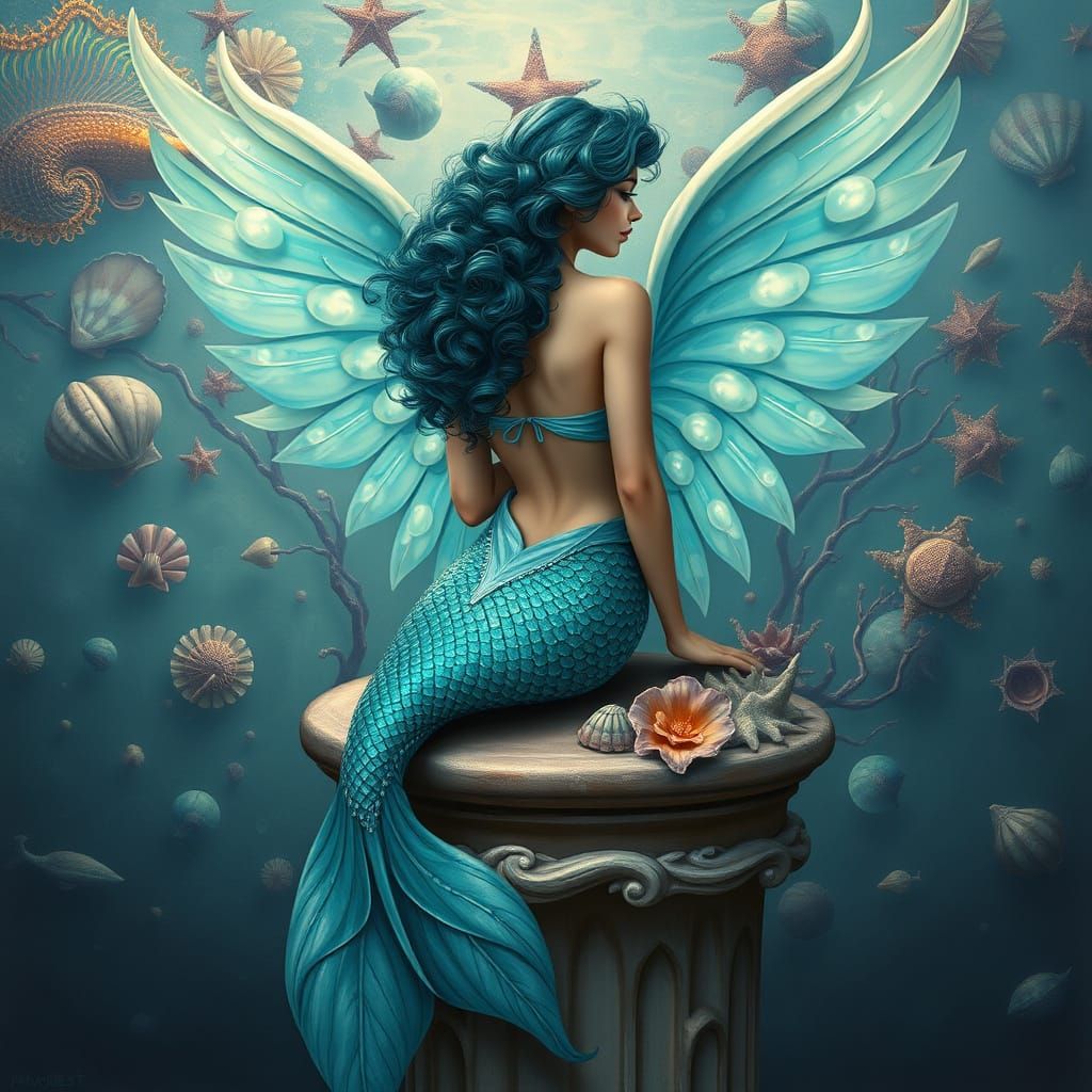 Serene Mermaid Contemplating Seashell Wings
