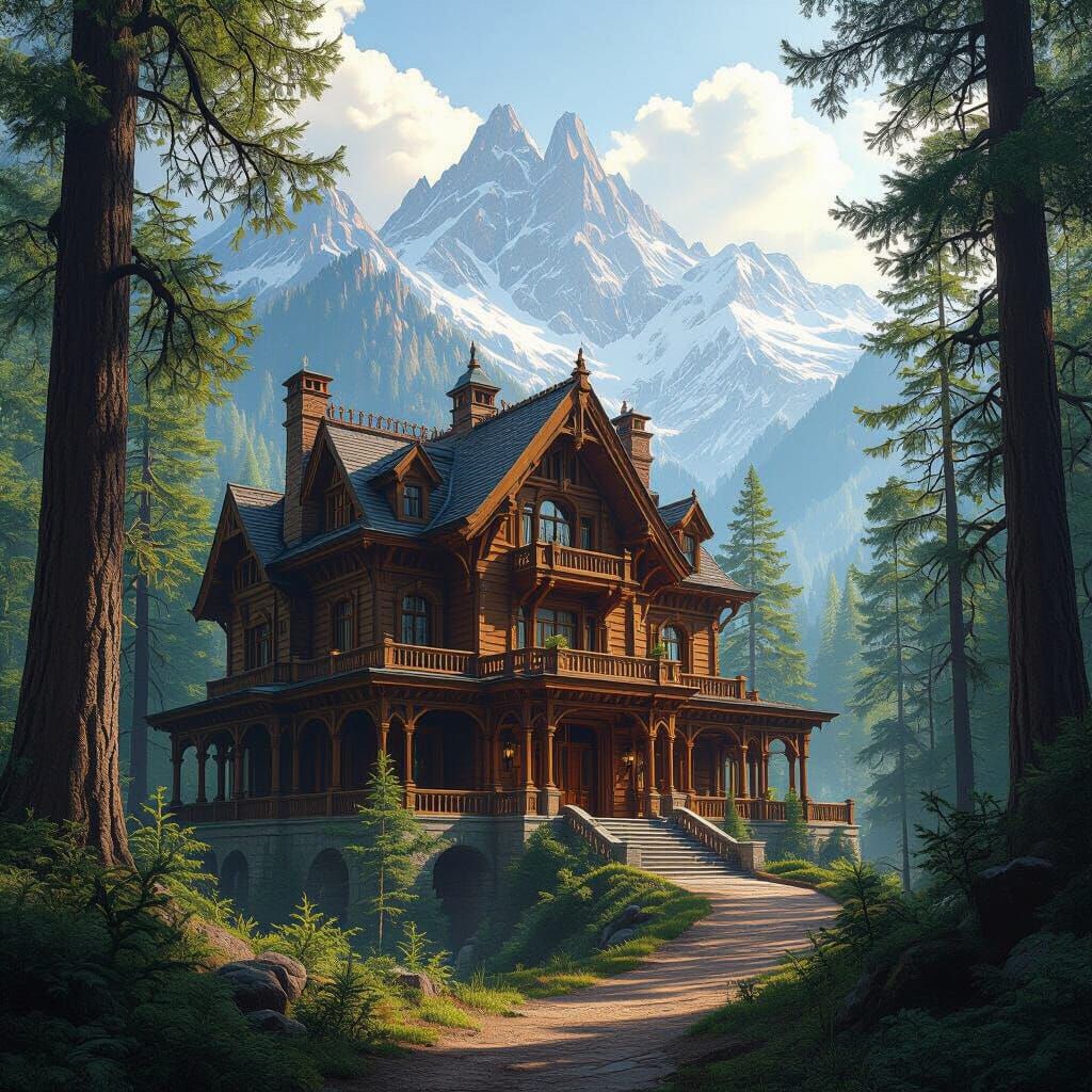 Majestic Wooden Mansion in Ancient Forest with Mountains
