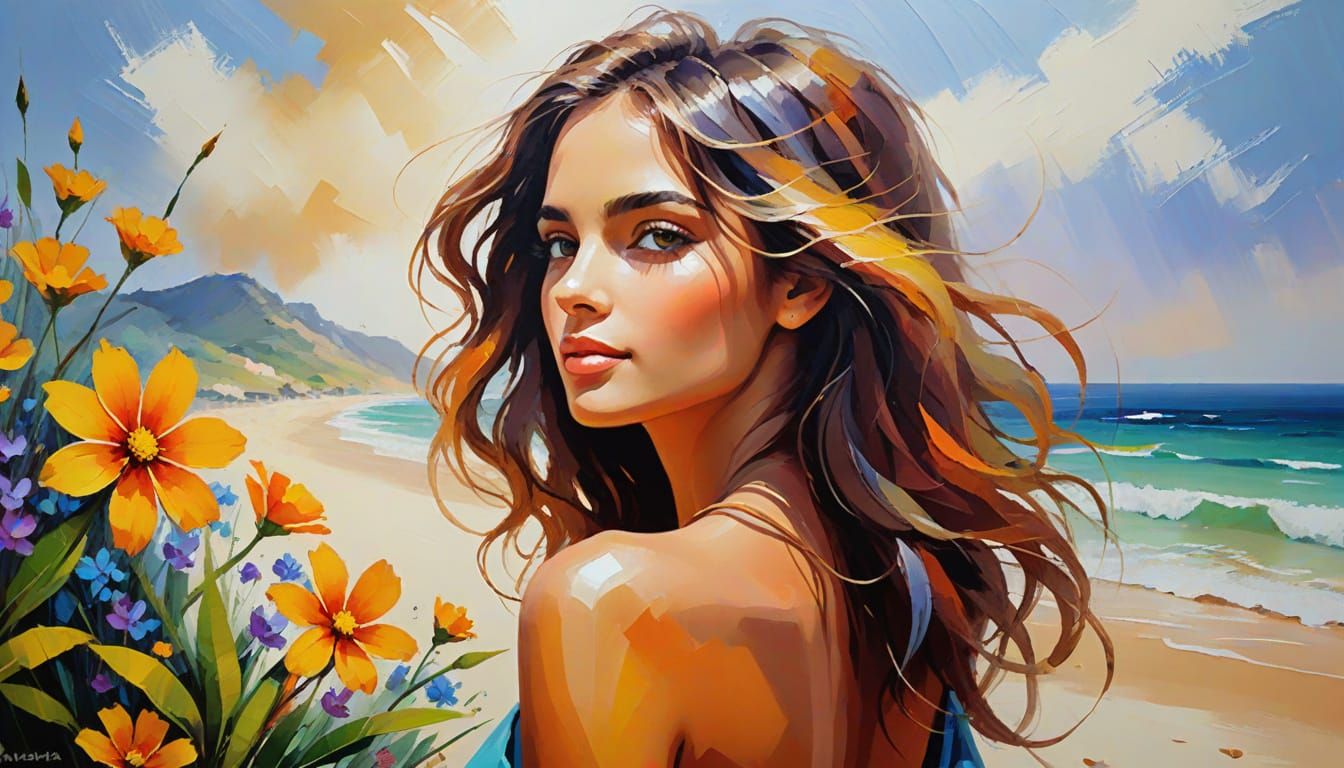 Warm Sunset Beach Scene in Vibrant Impressionist Style