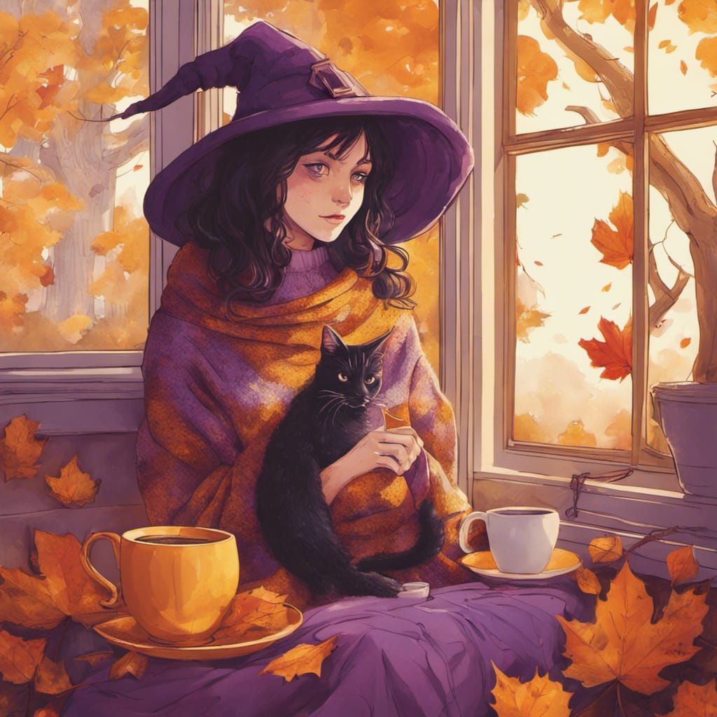 Cozy Witch with Cat in Autumn Fantasy Scene