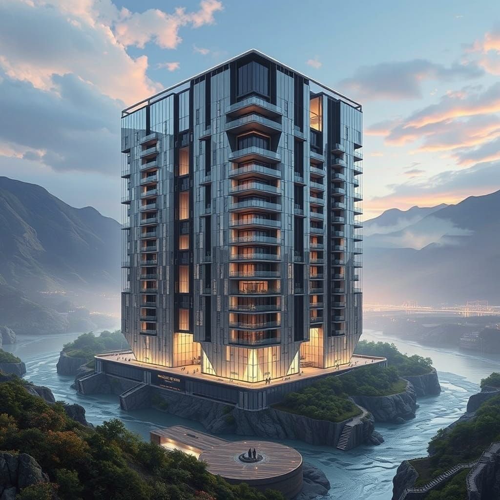 Sleek Futuristic Tower of Mirrors Rises Above River Valley