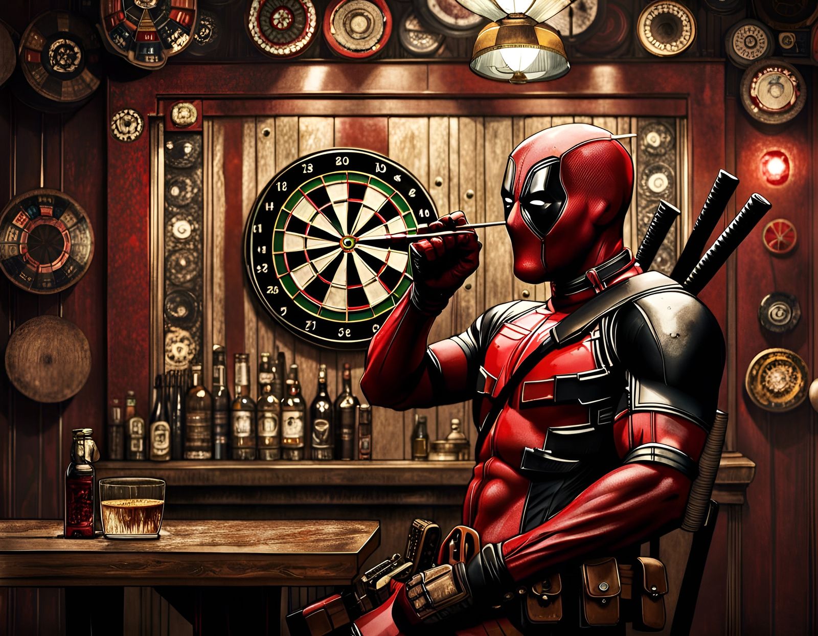 Hyperrealistic Deadpool Throws Darts in a Bar