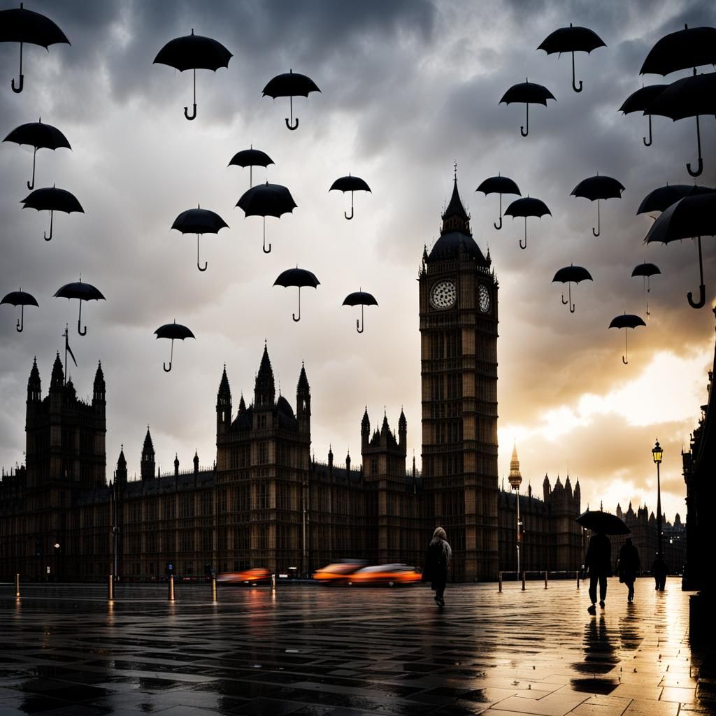 Houses of Parliament: Umbrellas Fall Like Rain