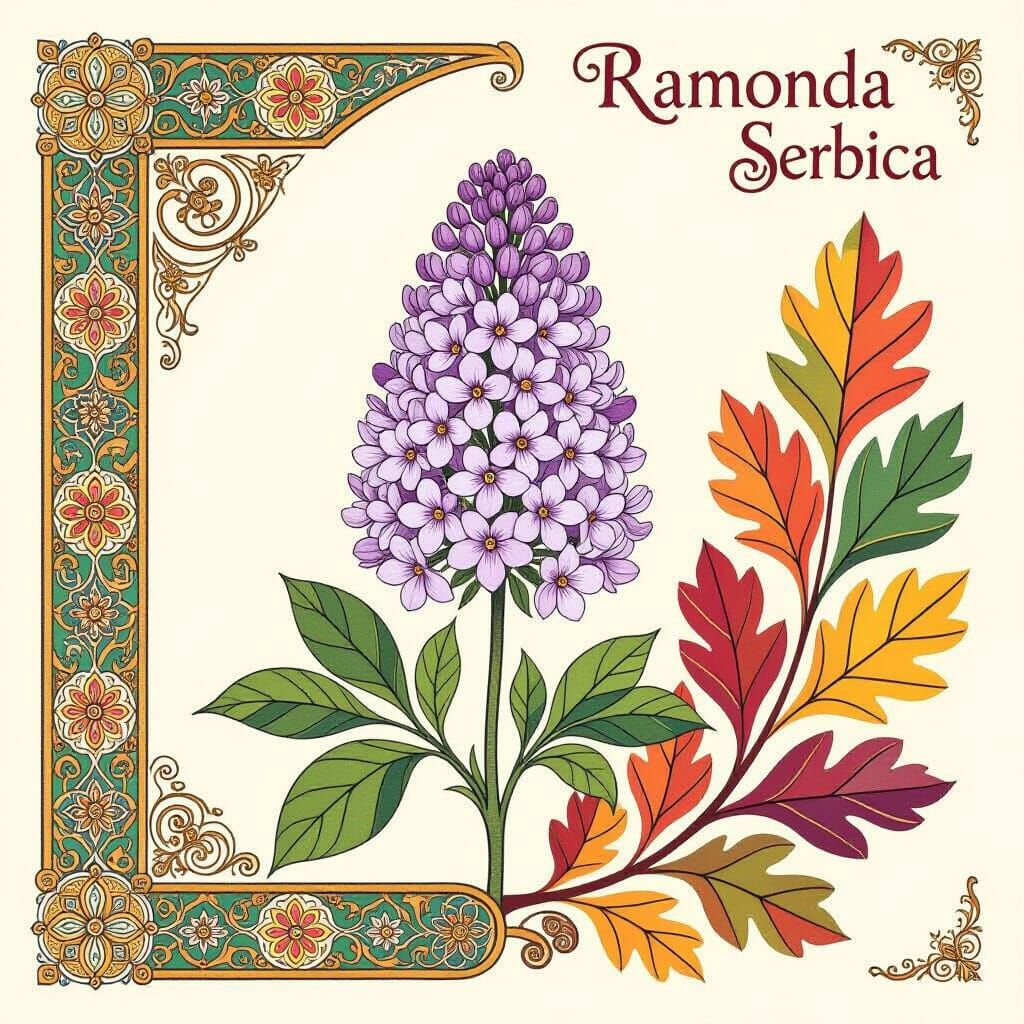Ramonda Serbica Flower in Vintage Abstract Art Style