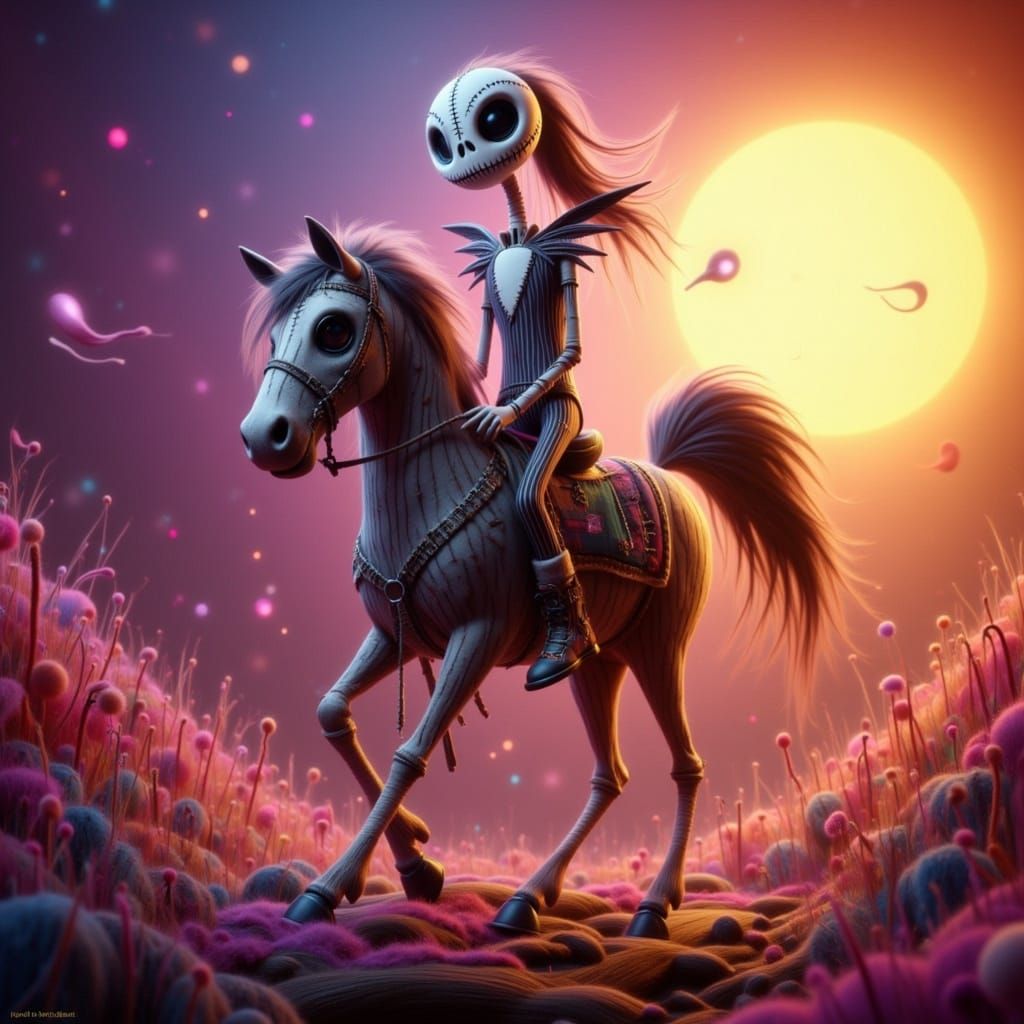Jack Skellington Riding a Haunted Horse in a Whimsical Stitc...