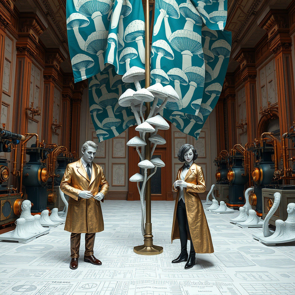 Porcelain Bureaucrats Counting Mushroom Flags in Ornate Hall