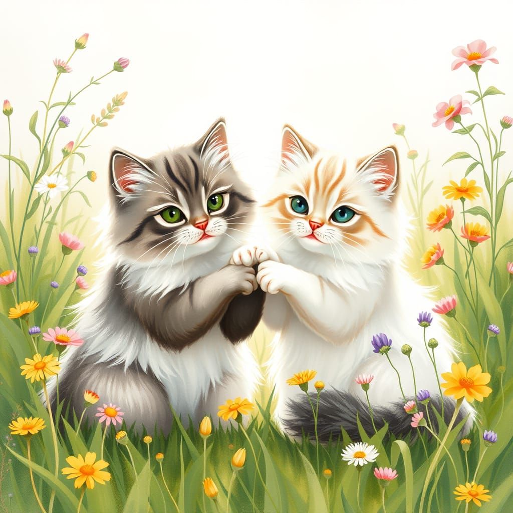 Cats Holding Paws in a Sunny Meadow