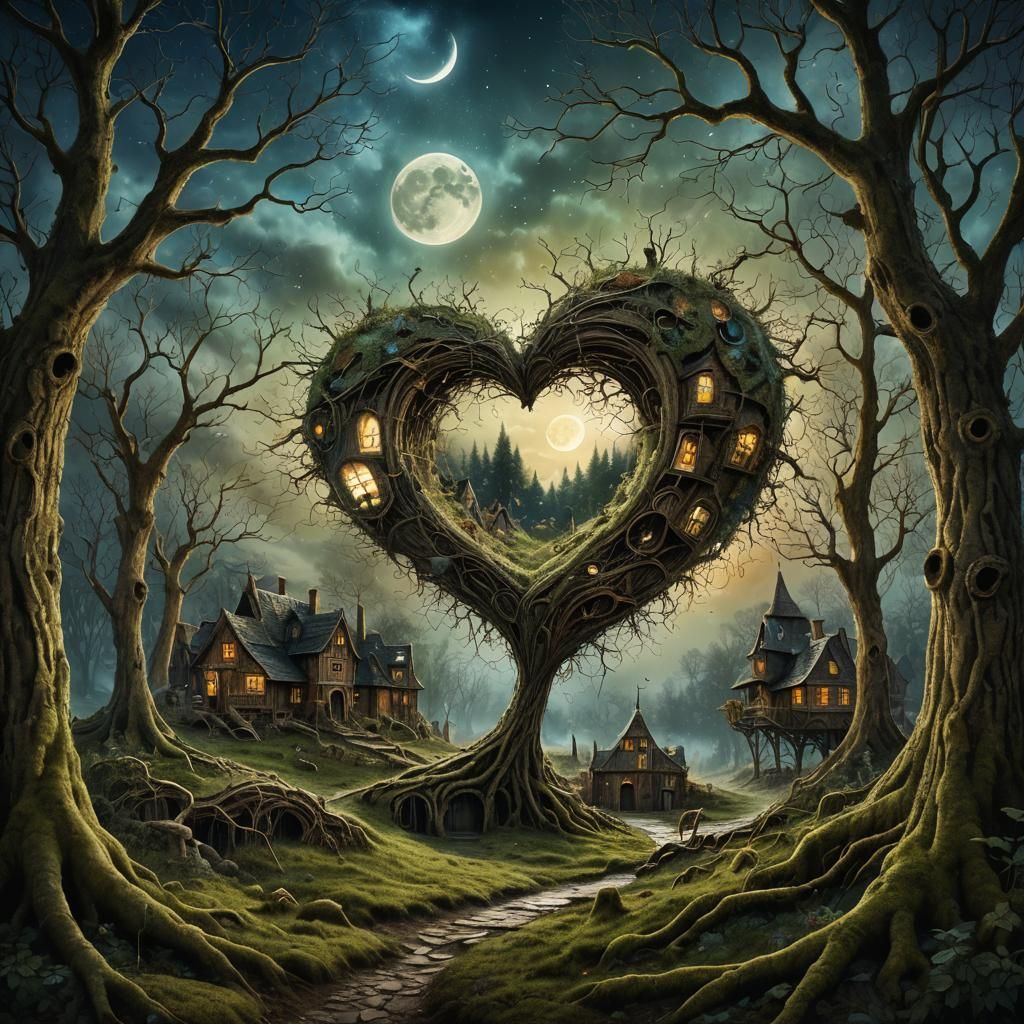 Surreal Forest Village Inside Moon's Heart