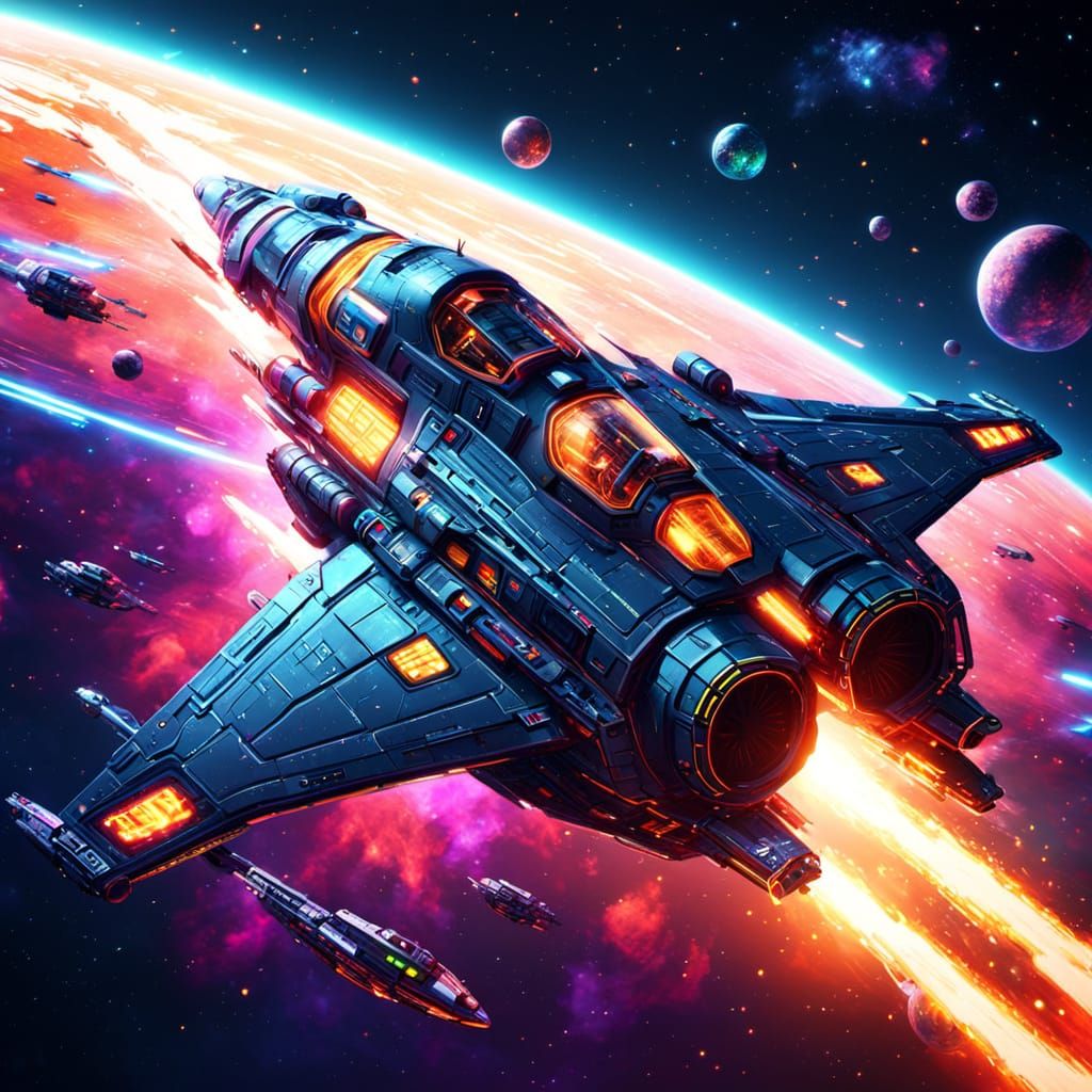 Spaceship Concept Art with Neon Lights and Streaking Stars