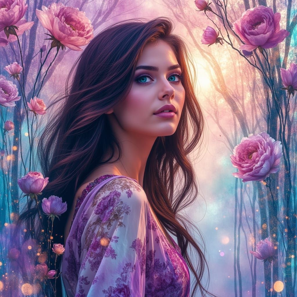 Beautiful Woman Portrait in Misty Sunrise