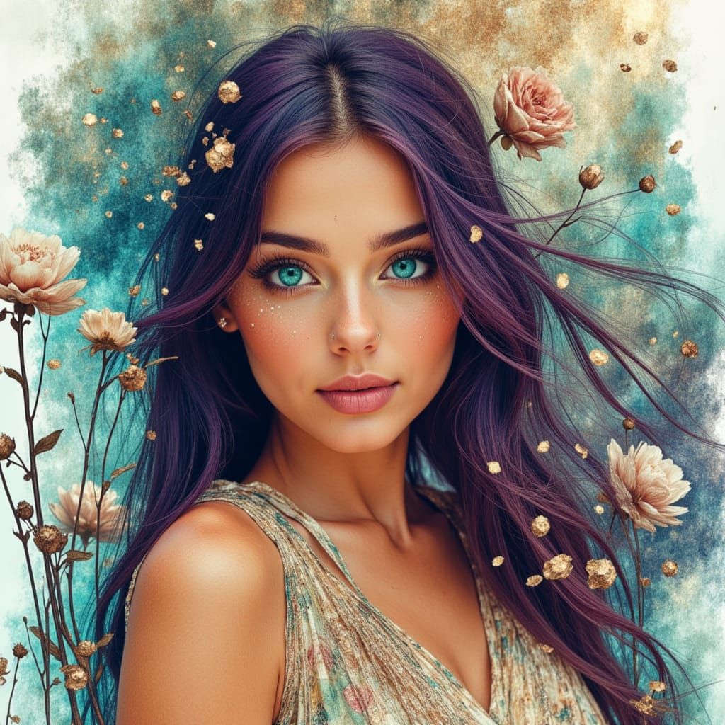 Beautiful Woman with Turquoise Eyes at Misty Sunrise