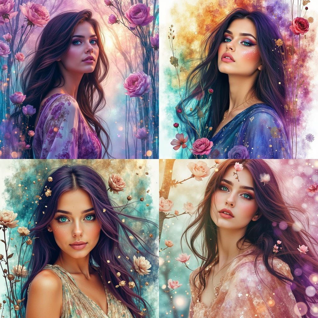 Pretty Woman Portrait in Spring Sunrise Watercolor Sketch