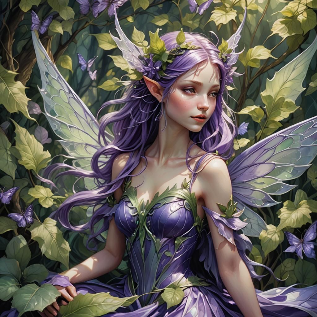 Purple Fairy in Lush Forest: Fantasy Concept Art