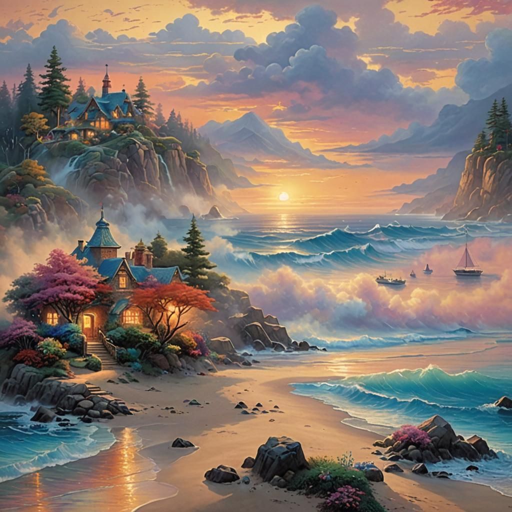 Ethereal Sunrise over Fantasy Beach in Hyperdetailed Style