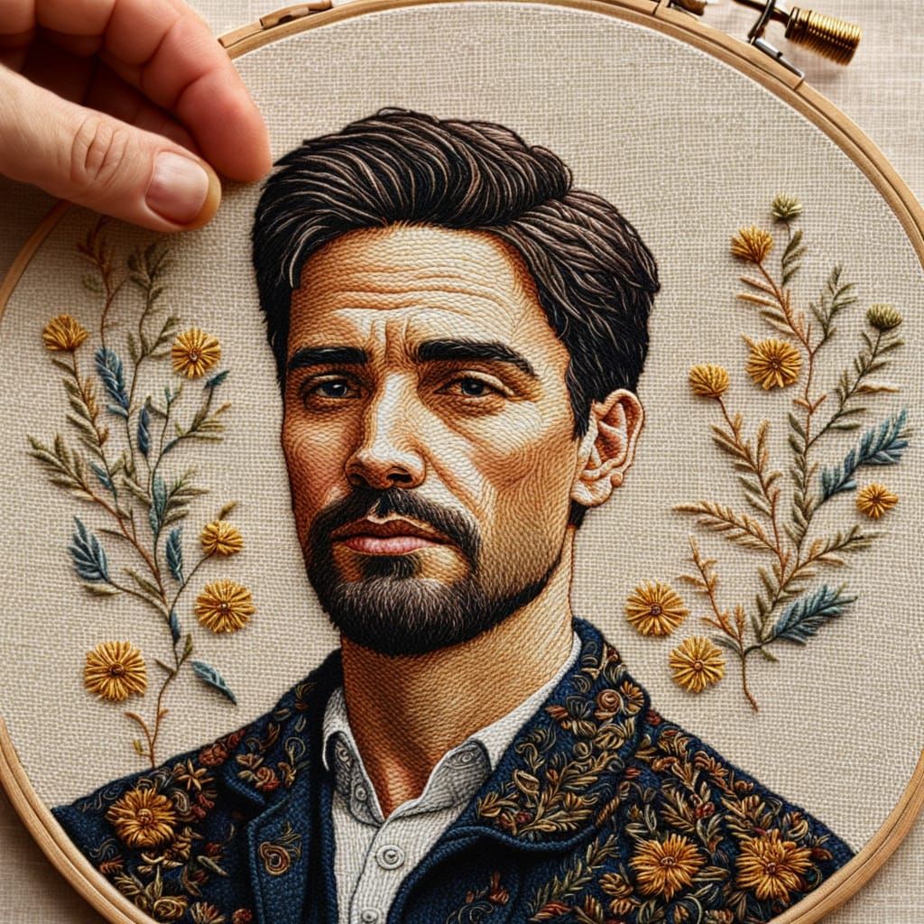 Embroidered Portrait with Delicate Hand in Folk Art Style