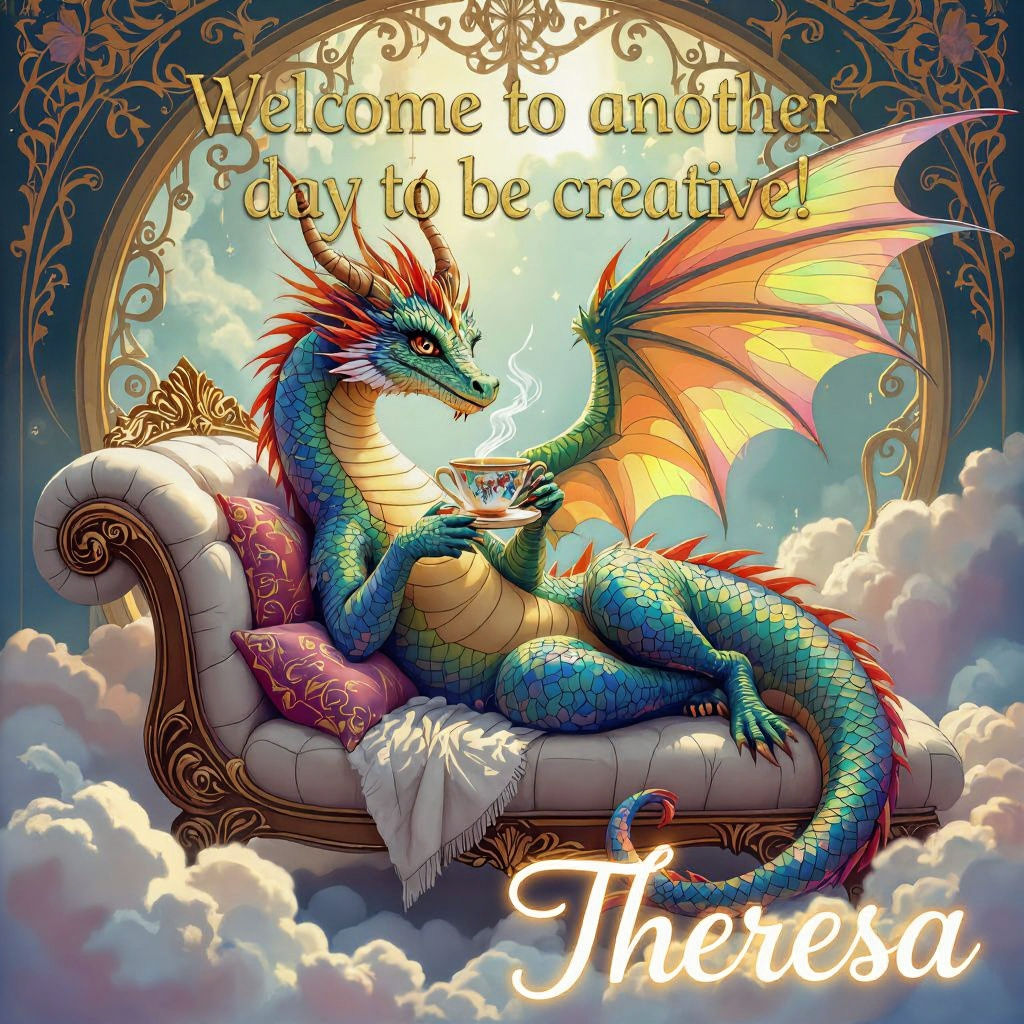 Rainbow Dragon Sipping Tea on Cloud Lounge