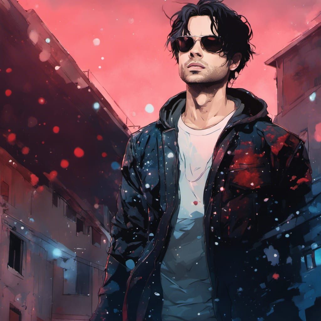 Hooded Figure on Rooftop in Anime Style