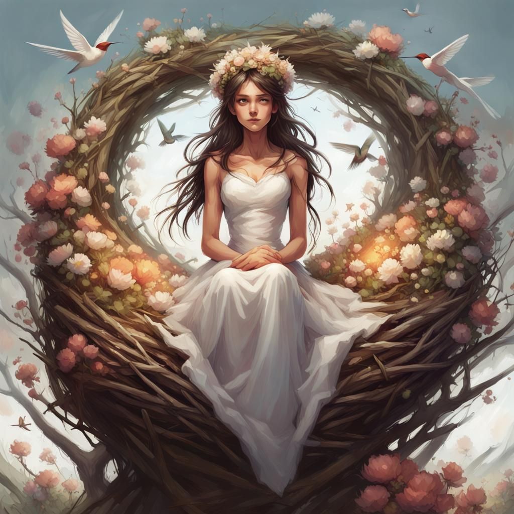 Girl with Hummingbirds and Flower Nest Crown