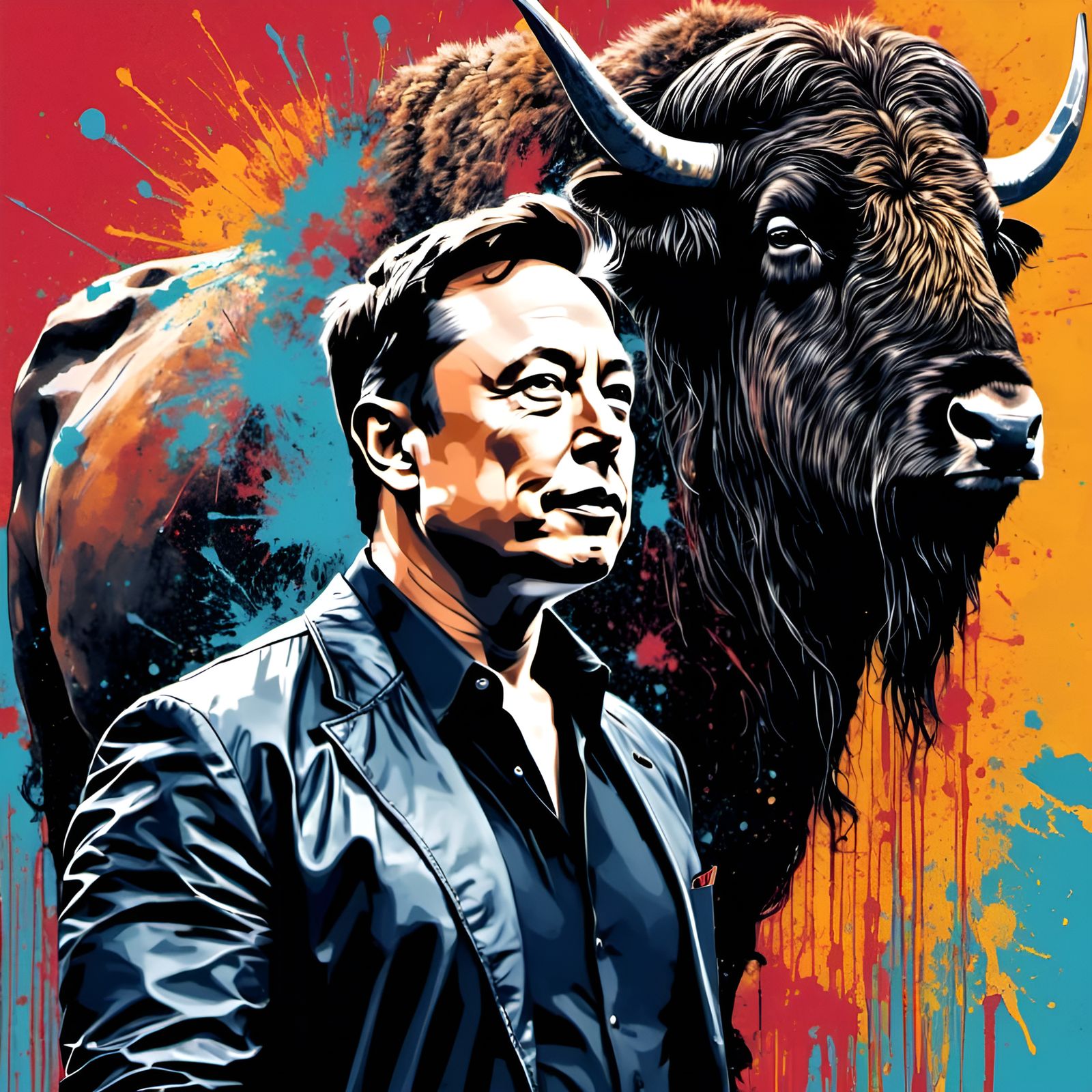 Elon Musk and Musk Ox in Graffiti Style