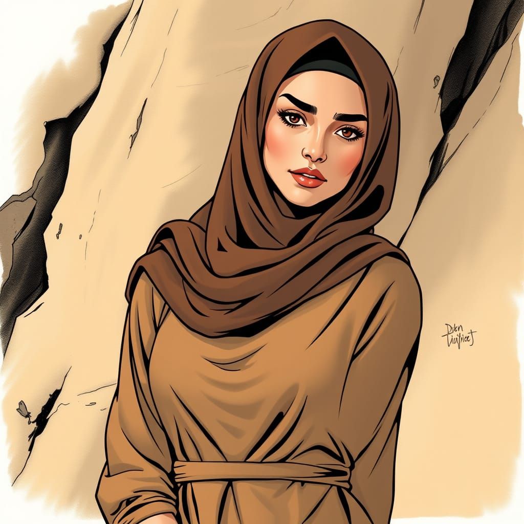Serene Woman in Earth Tones, Comic Book Style